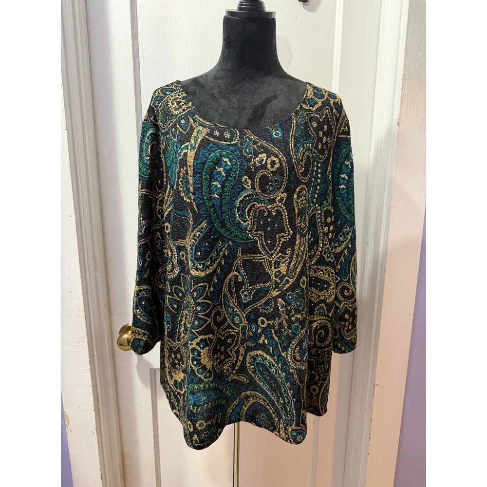 Brittany Black Black Long Sleeve with‎ Metallic Accent Top in 2X